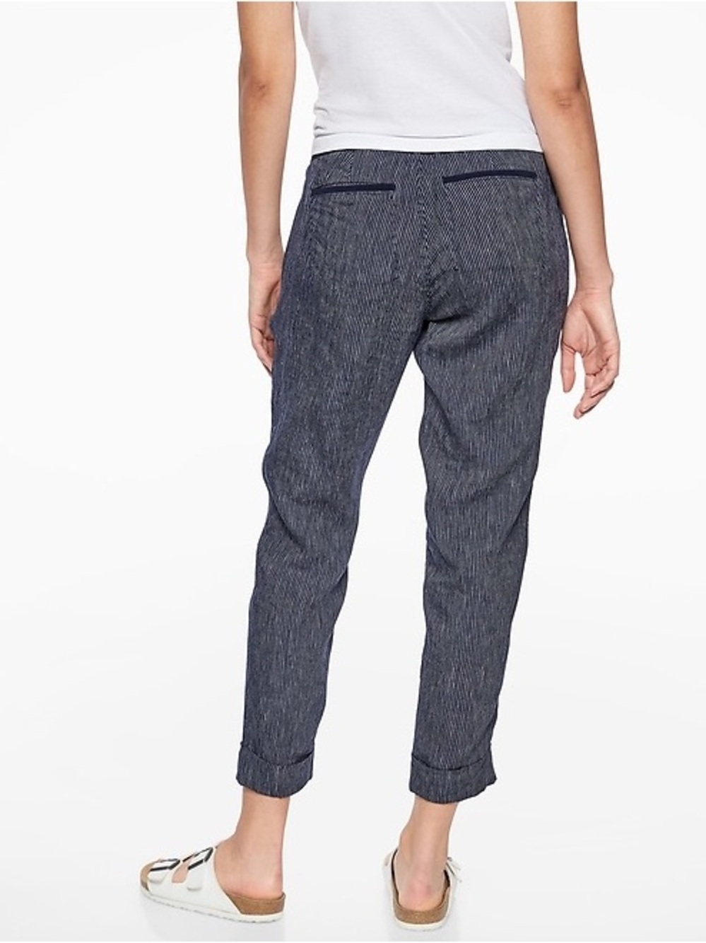Athleta Stripe Bali Linen Ankle Pant Navy Blue White Size 10 Tall - Picture 2 of 13